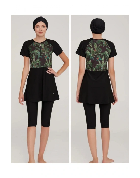 3913 Kısa Kol Yarım Fermuarlı Tasarım Tesettür Mayo