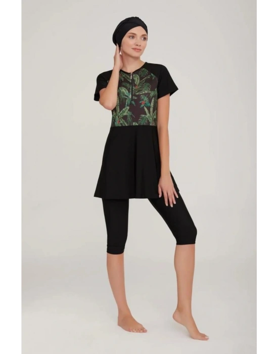 3913 Kısa Kol Yarım Fermuarlı Tasarım Tesettür Mayo