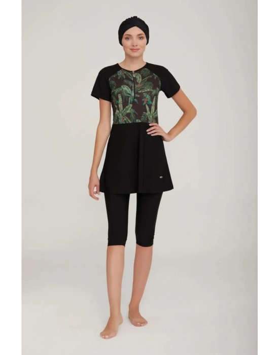 3913 Kısa Kol Yarım Fermuarlı Tasarım Tesettür Mayo