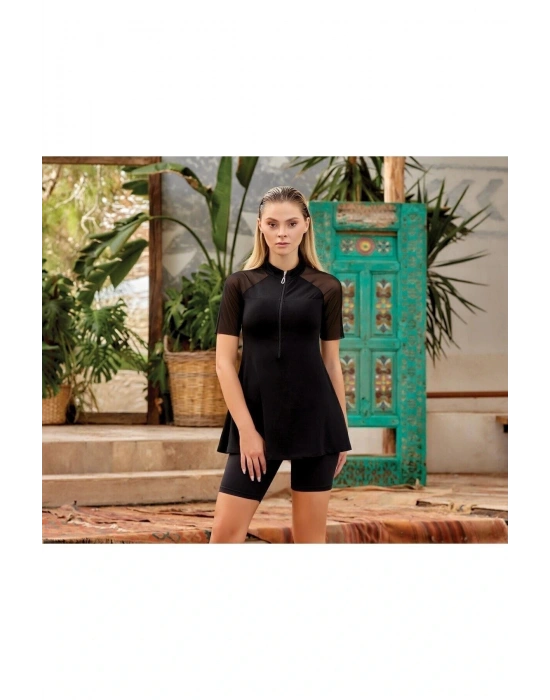 LAPİENO KOLLARI TÜL DETAYLI YARIM KOLLU TAYTLI KADIN MAYO 3593