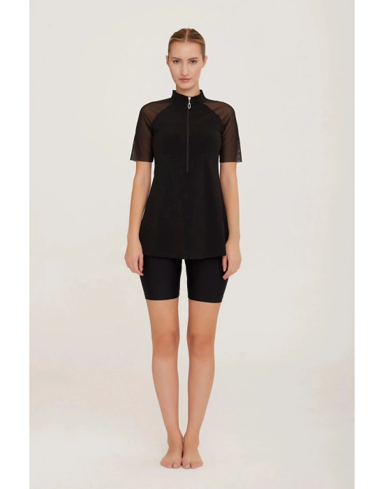 LAPİENO KOLLARI TÜL DETAYLI YARIM KOLLU TAYTLI KADIN MAYO 3593