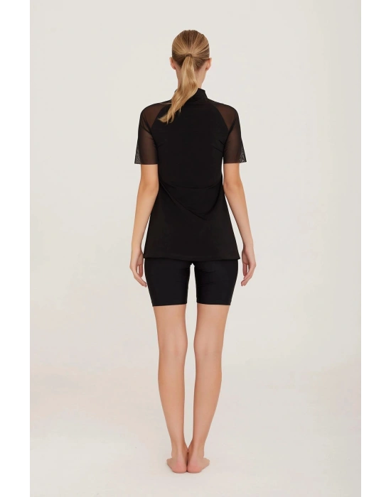 LAPİENO KOLLARI TÜL DETAYLI YARIM KOLLU TAYTLI KADIN MAYO 3593