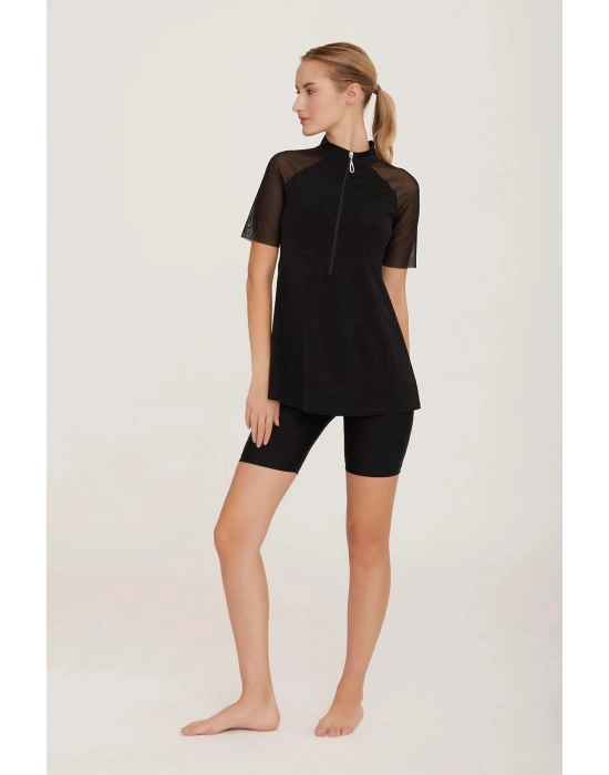 LAPİENO KOLLARI TÜL DETAYLI YARIM KOLLU TAYTLI KADIN MAYO 3593