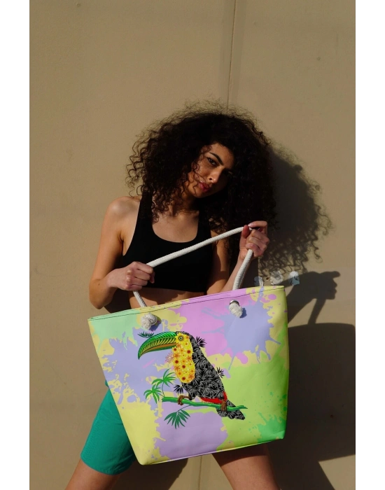 Kadın Papağan Dijital Baskılı Evalı Plaj Çantası