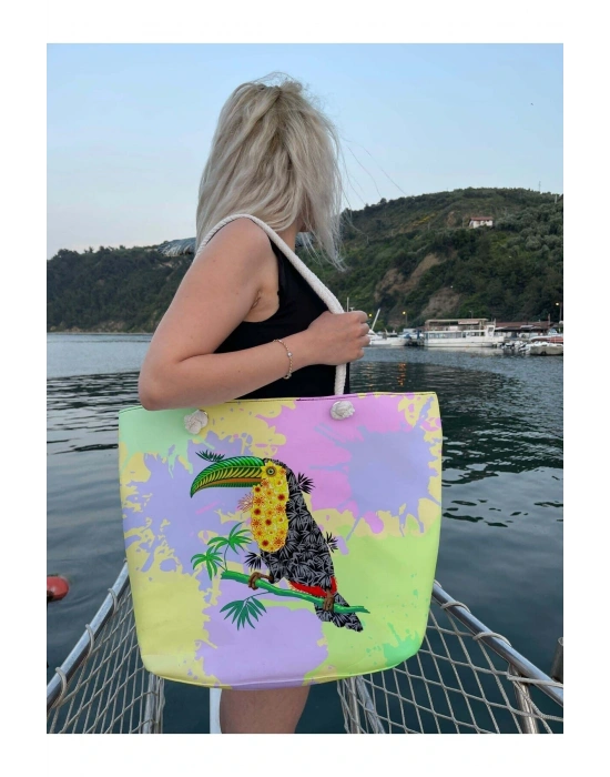 Kadın Papağan Dijital Baskılı Evalı Plaj Çantası