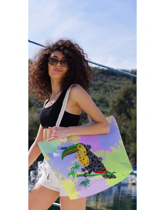 Kadın Papağan Dijital Baskılı Evalı Plaj Çantası