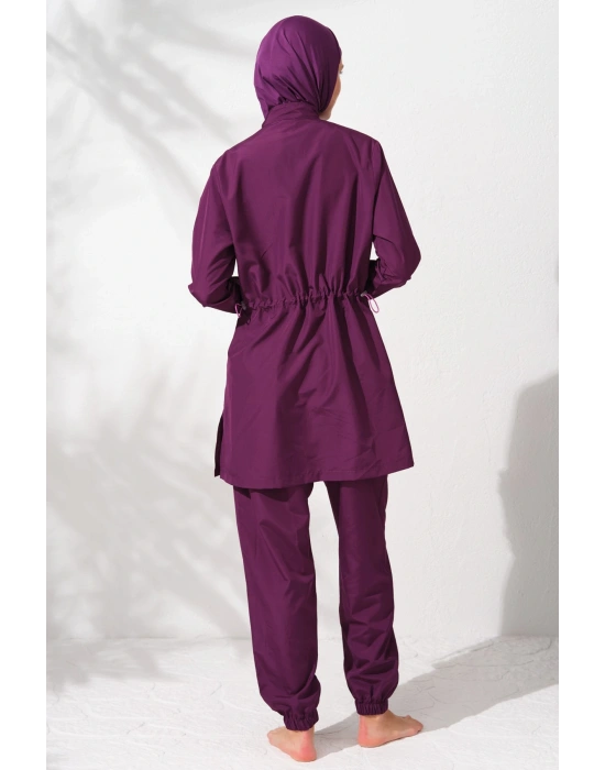 Uzunkollu Fermuarlı Paraşüt Tesettür Mayo Mor 231915