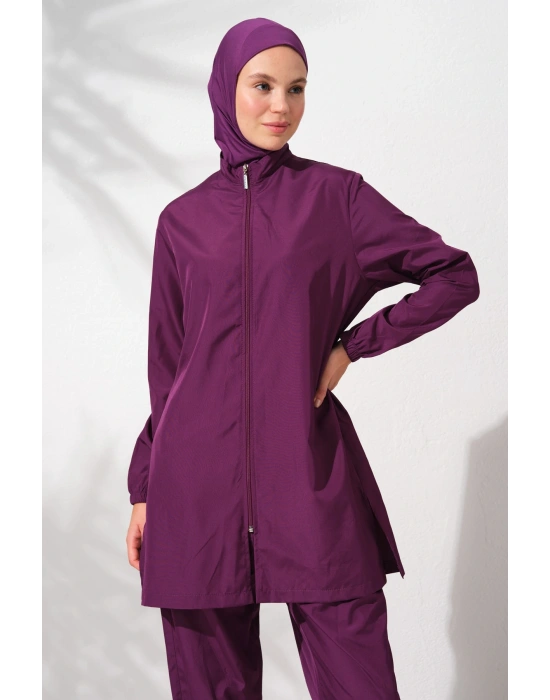 Uzunkollu Fermuarlı Paraşüt Tesettür Mayo Mor 231915