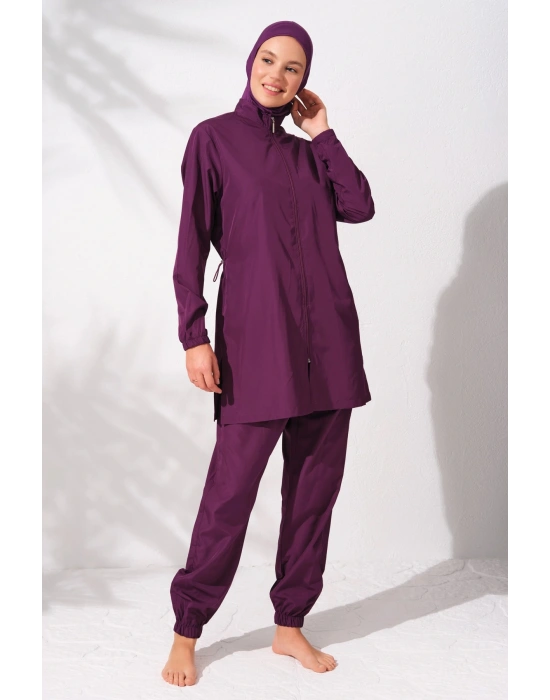 Uzunkollu Fermuarlı Paraşüt Tesettür Mayo Mor 231915