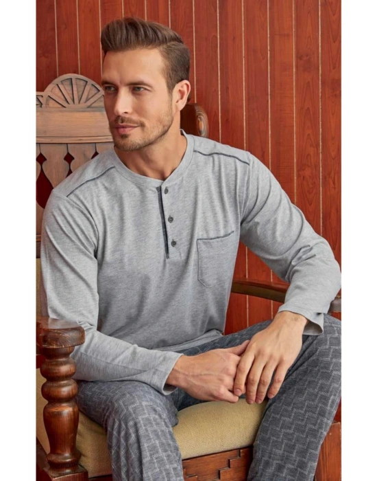 Erkek Gri Yarım Düğmeli Pijama Takım
