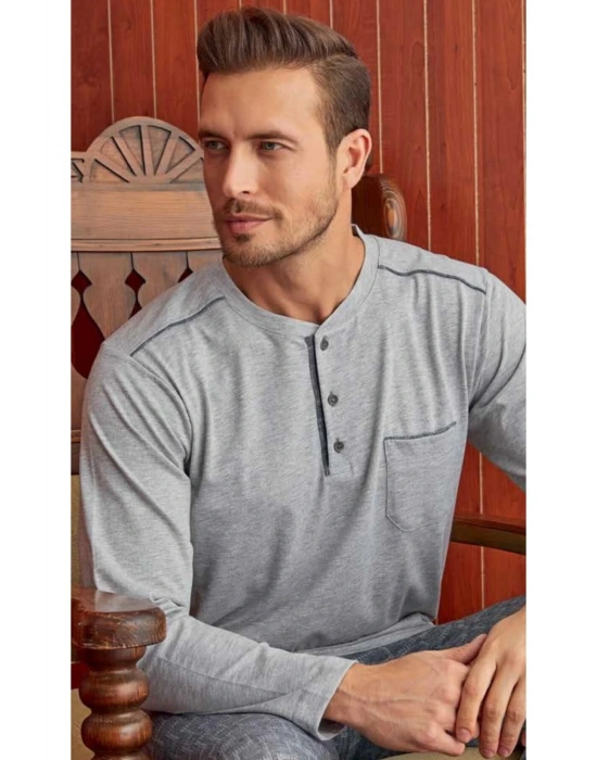 Erkek Gri Yarım Düğmeli Pijama Takım