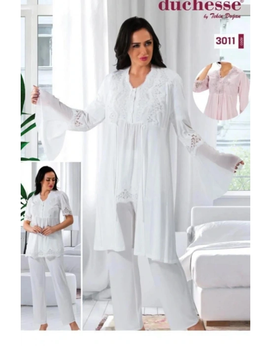 3011 Hamile Lohusa 3 Lü Pijama Sabahlık 3011-Ekru