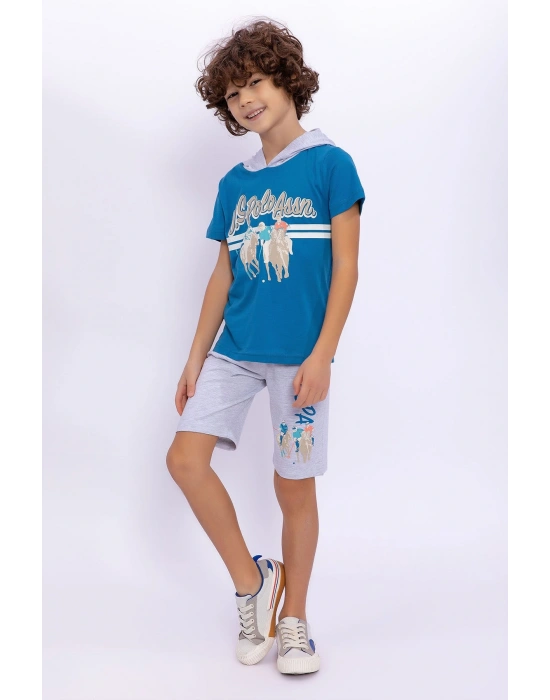 Us1021 Göğüs Amblem Detaylı Kapüşonlu Petrol Erkek Çocuk Bermuda Takım