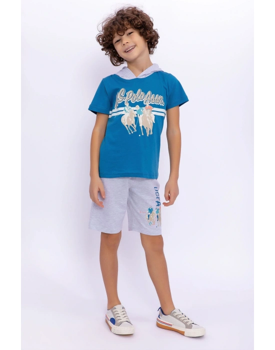 Us1021 Göğüs Amblem Detaylı Kapüşonlu Petrol Erkek Çocuk Bermuda Takım