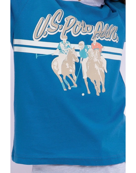 Us1021 Göğüs Amblem Detaylı Kapüşonlu Petrol Erkek Çocuk Bermuda Takım