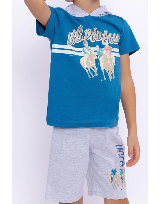 Us1021 Göğüs Amblem Detaylı Kapüşonlu Petrol Erkek Çocuk Bermuda Takım