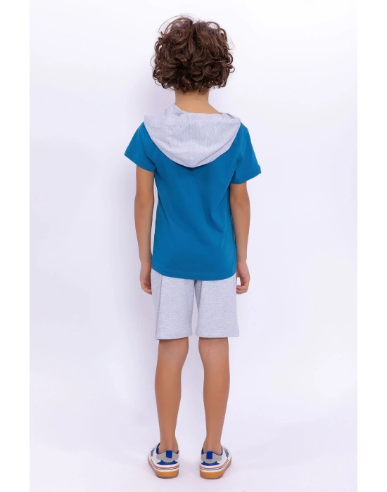 Us1021 Göğüs Amblem Detaylı Kapüşonlu Petrol Erkek Çocuk Bermuda Takım
