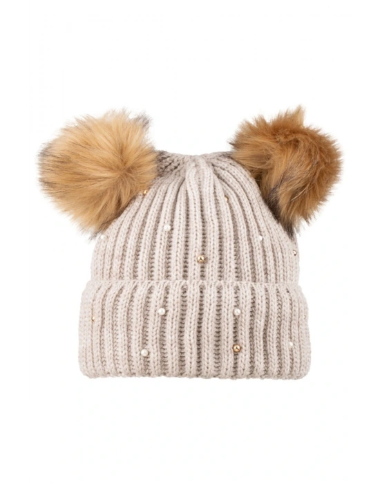 Çift Ponponlu Taşlı Bere Kahve