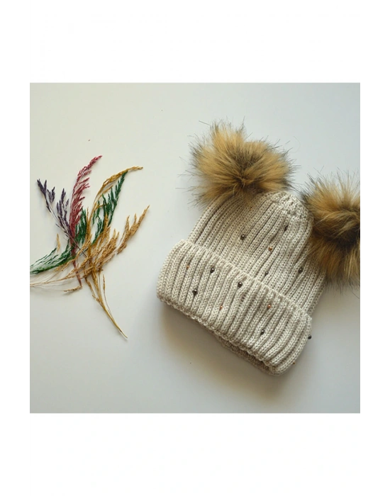 Çift Ponponlu Taşlı Bere Kahve