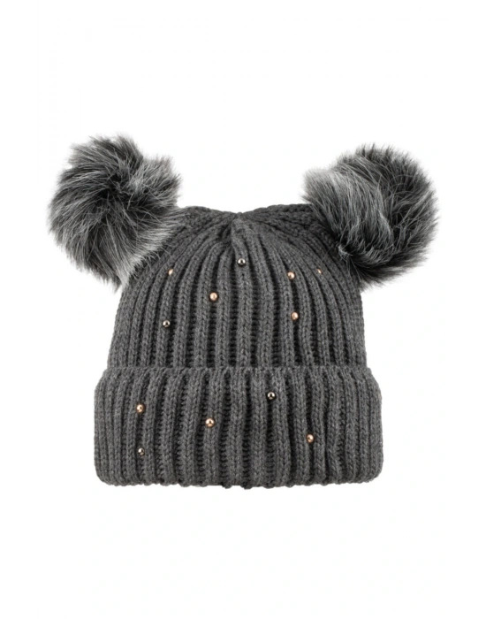 Incili Taşlı Bere Gri Kadın Standart Beden Çift Ponponlu