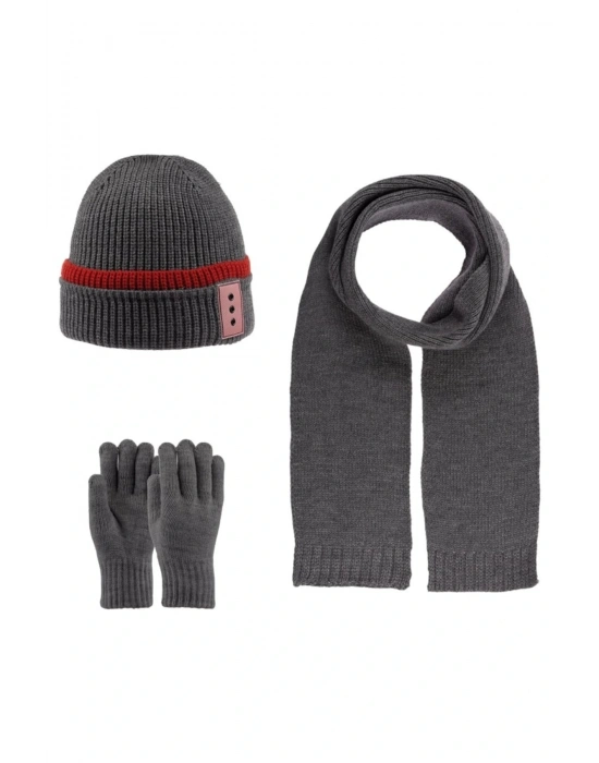 Garson Erkek Çocuk Atkı Bere Eldiven Seti K22180-11 Gri