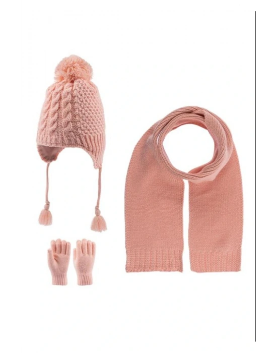 4-8 Yaş Kız Çocuk Atkı Bere Eldiven 1-4 Yaş 3lü Takim Pembe