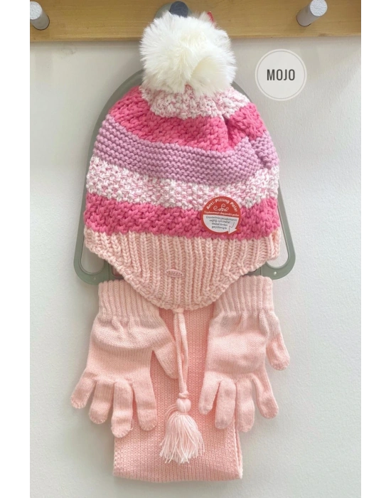 Kız Çocuk Renkli Şeritli Bere Atkı Eldiven Seti K22170-08 Pembe