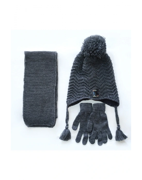 Çocuk Atkı Bere Eldiven 3lü Takım, Koyu Gri 4-8 Yaş