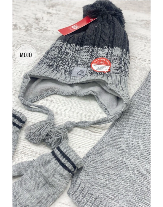 Garson Erkek Çocuk Kulaklı Bere Atkı Eldiven Seti K22170-15 Gri