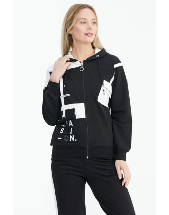 Çift Renk Cep Detaylı Eşofman Takımı - Siyah