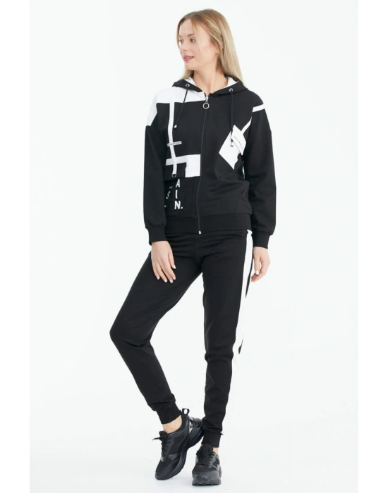 Çift Renk Cep Detaylı Eşofman Takımı - Siyah