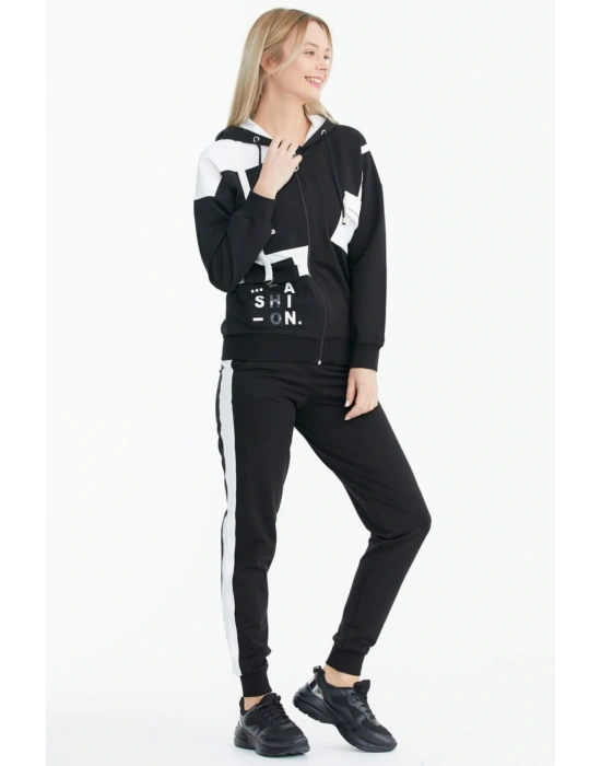 Çift Renk Cep Detaylı Eşofman Takımı - Siyah