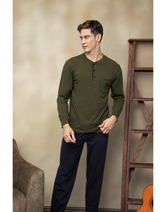 Kly Midi Yaka Kol-paça Ribana Pijama Takım-7104-haki