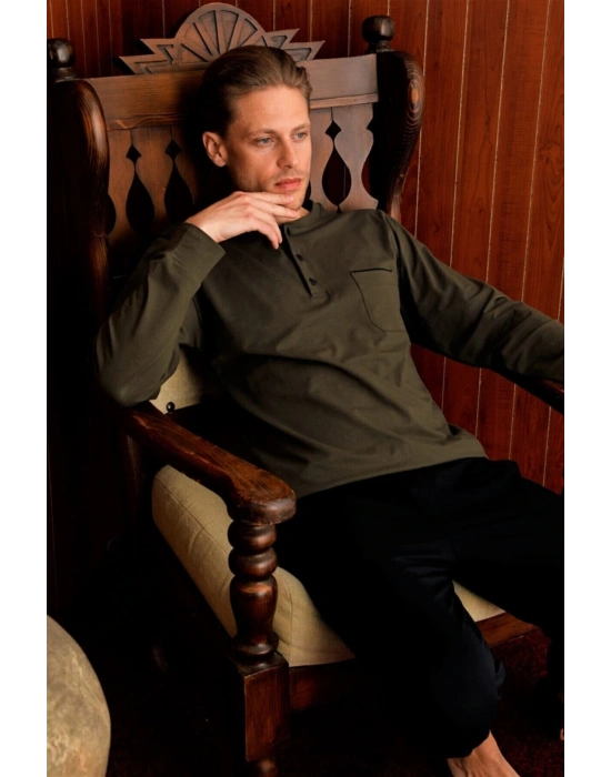 Kly Midi Yaka Kol-paça Ribana Pijama Takım-7104-haki