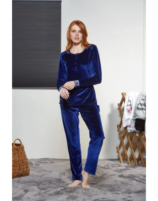 Kadın Pembe Kadife Uzun Kol Pijama Takım 21190