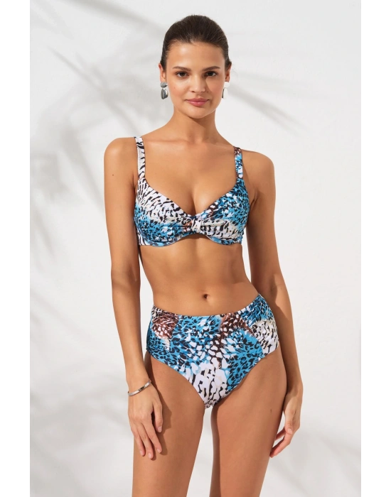 Mavi Leopar Balenli Kaplı Toparlayıcı Bikini Takımı Ayarlanabilir Askılı Yüksek Bel Drapeli Şık