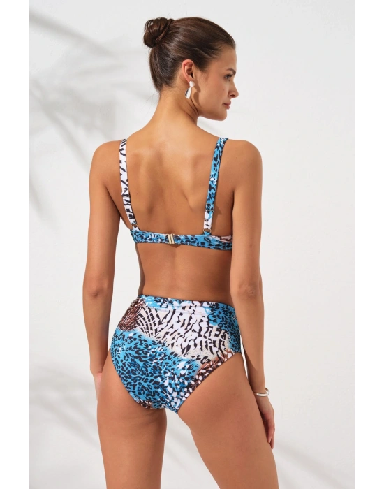 Mavi Leopar Balenli Kaplı Toparlayıcı Bikini Takımı Ayarlanabilir Askılı Yüksek Bel Drapeli Şık
