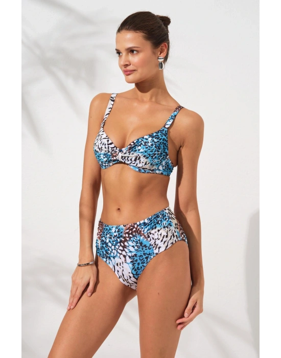 Mavi Leopar Balenli Kaplı Toparlayıcı Bikini Takımı Ayarlanabilir Askılı Yüksek Bel Drapeli Şık