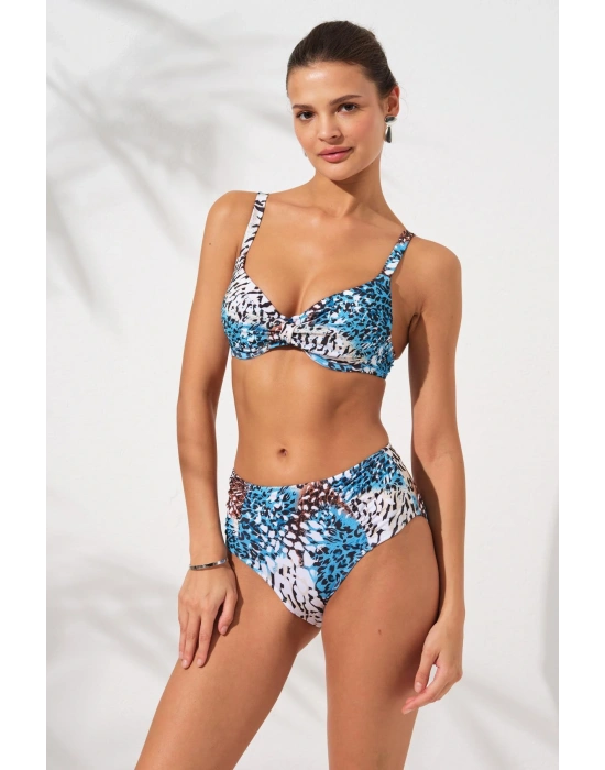 Mavi Leopar Balenli Kaplı Toparlayıcı Bikini Takımı Ayarlanabilir Askılı Yüksek Bel Drapeli Şık