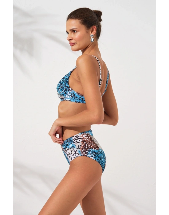 Mavi Leopar Balenli Kaplı Toparlayıcı Bikini Takımı Ayarlanabilir Askılı Yüksek Bel Drapeli Şık