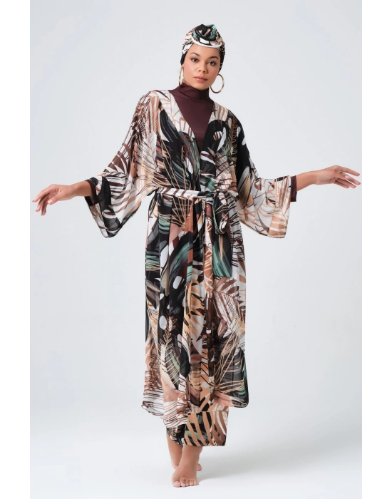 Amazon Kemerli Kaftan - Kimono - Pareo - Tesettür Pareosu Krep Kumaş - Üzeri