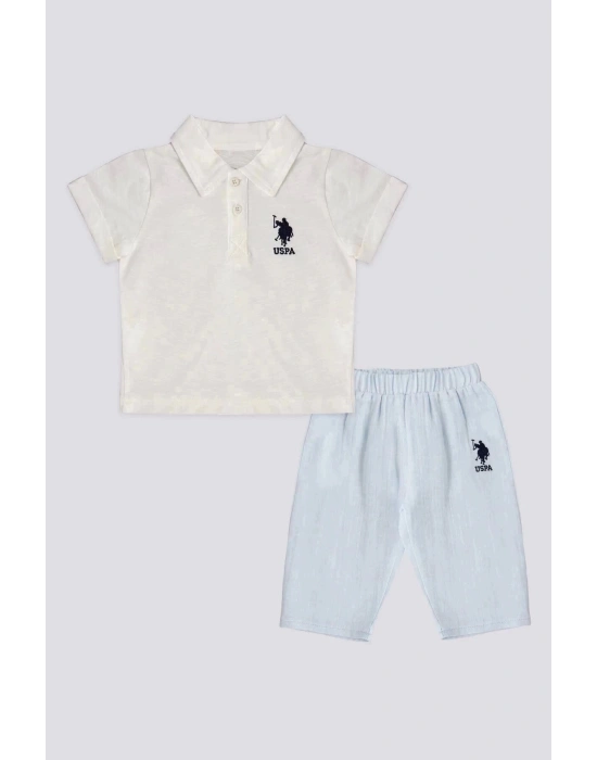 Erkek Bebek 2 Lı Kısa Kol T-shırt Takım - Krem Mavi