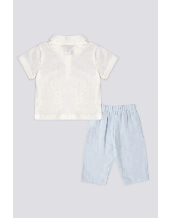 Erkek Bebek 2 Lı Kısa Kol T-shırt Takım - Krem Mavi