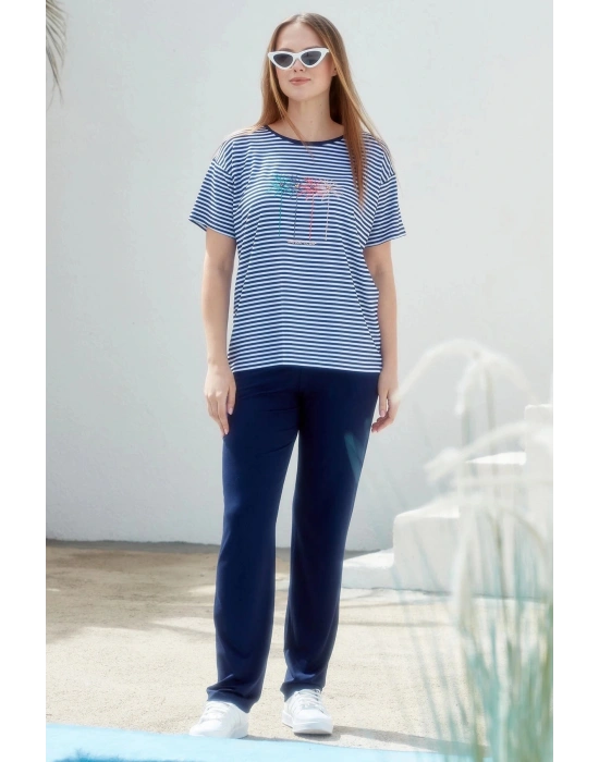 Sıfır Yaka Nakış Detaylı Çizgili Penye Takım - Lacivert