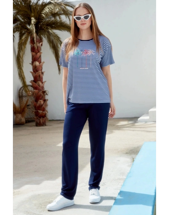 Sıfır Yaka Nakış Detaylı Çizgili Penye Takım - Lacivert