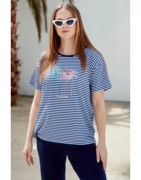 Sıfır Yaka Nakış Detaylı Çizgili Penye Takım - Lacivert