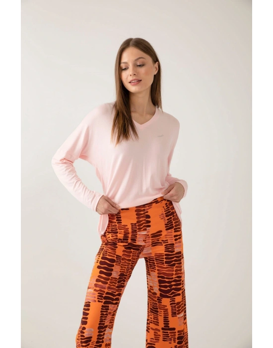 Pudra Renk V Yakalı Tarçın Desenli Kadın Pijama Takımı