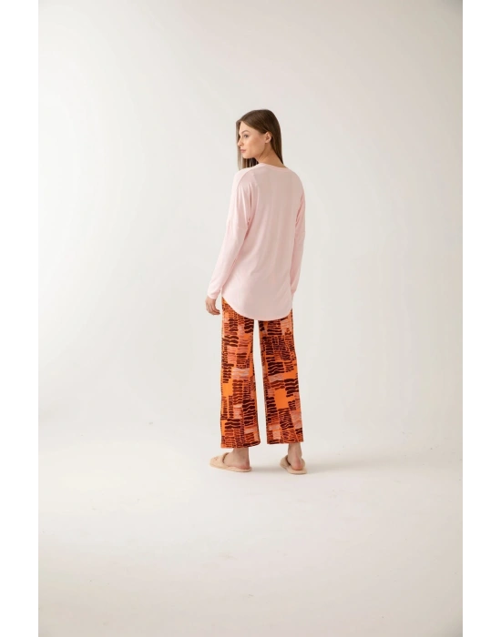 Pudra Renk V Yakalı Tarçın Desenli Kadın Pijama Takımı