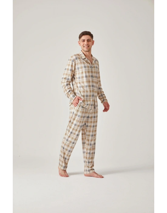 Yeşil Ekose Önden Düğmeli Modal Pamuk Erkek Pijama Takımı