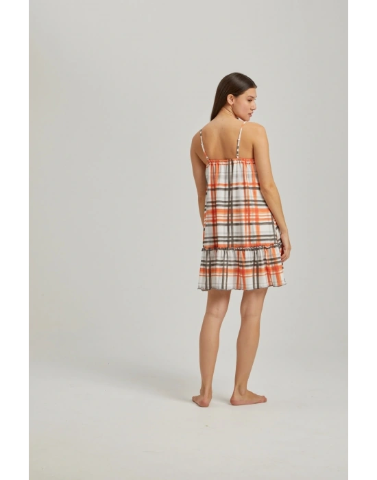 Turuncu Ekose Ip Askılı Gecelik